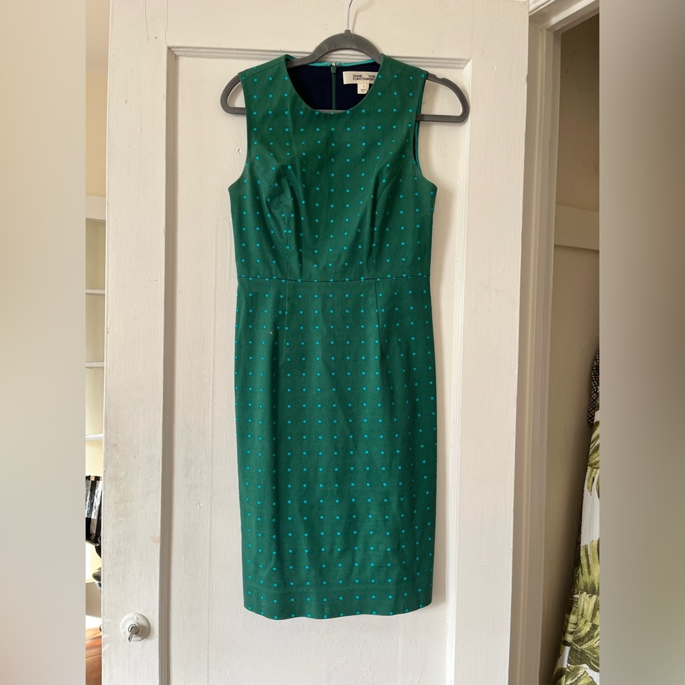Diane Von Furstenberg Green and Blue Polka Dot Cotton Mini Dress